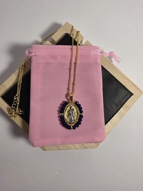 Gold-Tone Virgin Mary Medal Pendant Necklace with Navy Beads. New.